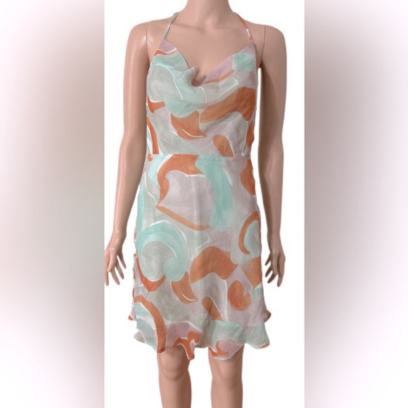 Saints + Secrets Mint Swirl Cowl Neck Open Back Dress S/M Halter Chiffon BD - Picture 7 of 9